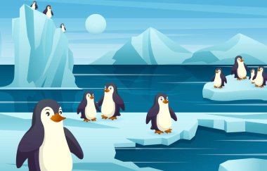 Antarktika sahnesindeki bir grup penguen. Vektör .