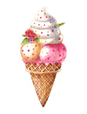 Dondurma külahı. Sevgililer Günü objesi. Suluboya boya elementleri Görüntü .