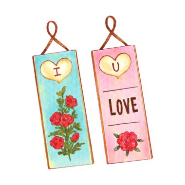 Etiket asılıyor. Sevgililer Günü objesi. Suluboya boya elementleri Görüntü .