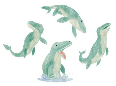 Mosasaurus . Cute dinosaur cartoon characters . Watercolor paint design . Set 8 of 20 . Vector . clipart