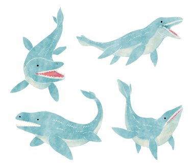 Mosasaurus . Cute dinosaur cartoon characters . Watercolor paint design . Set 7 of 20 . Vector . clipart