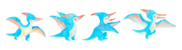 Pteranodon Sød Dinosaur Tegneseriefigurer Akvarel Maling Design Sæt Vektor – Stock-vektor