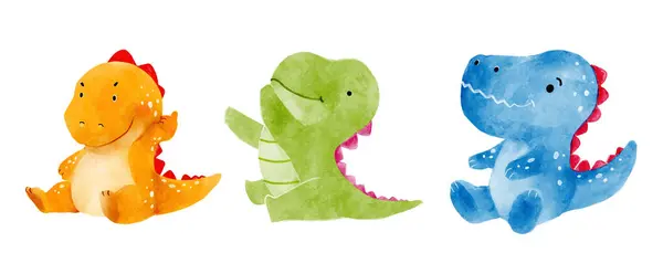 Tyrannosaurus Rex Sød Dinosaur Tegneseriefigurer Akvarel Maling Design Sæt Vektor – Stock-vektor