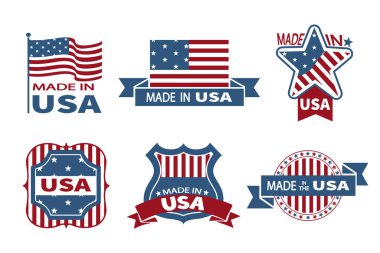 Amerikan malı. Çeşitli Amerika rozetleri ve amblemleri var. Vektör .
