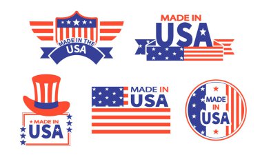 Amerikan malı. Çeşitli Amerika rozetleri ve amblemleri var. Vektör .