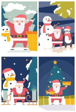 Mutlu noeller ve mutlu yeni yıl kartpostalları, tebrik kartları ya da davetiyeler. Noel Baba çizgi film karakteri tasarımı. Dörde dört ayarla. Vektör .