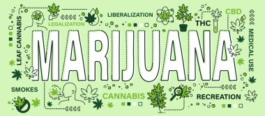 Esrar ya da marihuana. Çizgi ikonu sanat afişi tarzında bir kelime. Düzenlenebilir felç. Vektör .