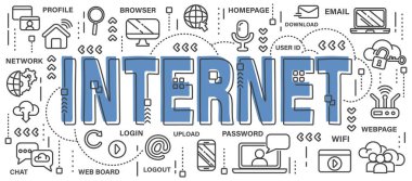 - İnternet. Çizgi ikonu sanat afişi tarzında bir kelime. Düzenlenebilir felç. Vektör .
