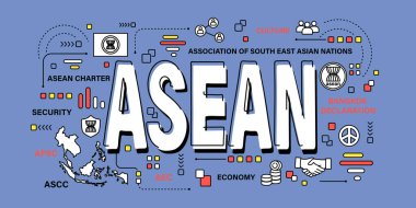 ASEAN . Güneydoğu Asya Ulusları Birliği. Kelime ve taslak simgesi sağlam renk arkaplanında. Vektör .