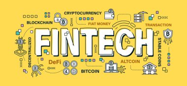 Fintech . Kelime ve taslak simgesi sağlam renk arkaplanında. Kripto para birimi konsepti. Vektör. Düzenlenebilir vuruş .