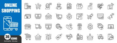 E-ticaret ve online alışveriş. Teknoloji taslak ikonu. Düzenlenebilir felç. Vektör .