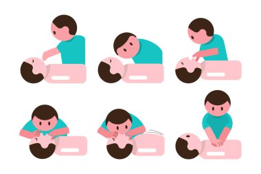 Kalp masajı. Kardiyopulmoner canlandırma kılavuzu. Göğüs sıkışması, açık hava yolu ve kurtarma solunumu dahil. Düz dizayn çizgi film karakterleri. Beyaz arkaplanı ayır. Vektör .