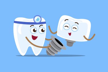 Diş implantı. Diş hekimi ve vidayla yapay diş. Çizgi film karakterleri. Vektör .