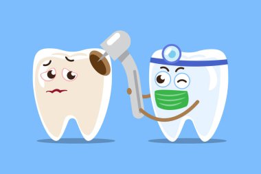 Diş hekimi, diş bakımı olan bir hastayı temizleyip tedavi ediyor. Çizgi film karakterleri. Vektör .