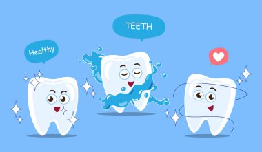 Sağlıklı dişli çizgi film karakterleri. Mavi arka planda izole edilmiş. Vektör .