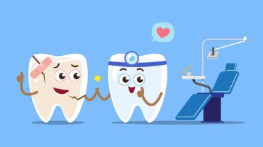 Klinikteki dişçi ve hasta sandalyesinin yanında. Çizgi film karakteri. Mavi arka planda izole edilmiş. Vektör .