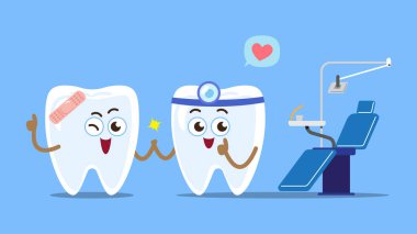 Klinikteki dişçi ve hasta sandalyesinin yanında. Çizgi film karakteri. Mavi arka planda izole edilmiş. Vektör .