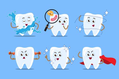 Sağlıklı diş çizgi film karakteri çizimi. Mavi arka planda izole edilmiş. Vektör .