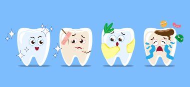 Diş hastalığı. Diş sağlığı, kırık diş, tartar ve diş bakımı ve diş bakımı. Bir dizi komik çizgi film karakteri. Mavi arka planda izole edilmiş. Vektör .