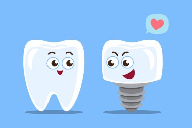 Diş implantı. Normal diş ve yapay diş çizgi film karakteri çizimi. Vektör .