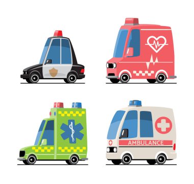 Acil durum araçları çizgi film illüstrasyonu. Polis arabası, ambulans ve gönüllü kurtarma aracı dahil. Düz dizayn. Beyaz arkaplanda izole et. Vektör .