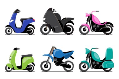 Motosiklet araçları karikatür çizimi. Düz dizayn. Beyaz arkaplanda izole et. 3 'ün 2' sini ayarla. Vektör .