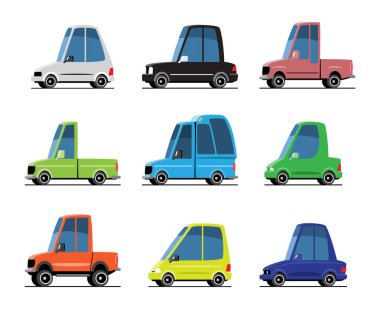 Kişisel araba araçları çizgi film çizimleri. Düz dizayn. Beyaz arkaplanda izole et. Vektör .