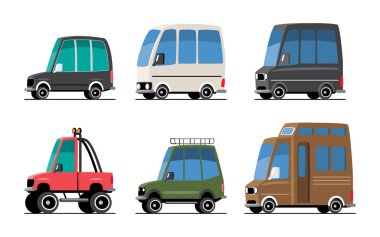 Kişisel Arabalar çizgi film çizimleri arasında minibüs, minivan, SUV araba, off-road araç ve karavan vardı. Düz dizayn. Beyaz arkaplanda izole et. Vektör .