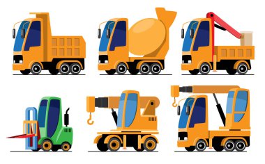 Endüstriyel ya da Yapı Araçları karikatür çizimleri; Çöplük, Çimento Karıştırıcı, Forklift ve Crane kamyonu. Düz dizayn. Beyaz arkaplanda izole et. Vektör .