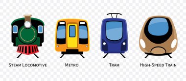Tren tipi araçlar karikatür çizimi yapıyor. Nehir lokomotifi, metro, tramvay, yüksek hızlı tren dahil. Düz dizayn. Beyaz arkaplanda izole et. Vektör .