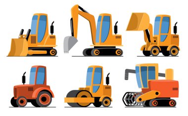 Endüstriyel veya inşaat araçları çizgi film çizimleri arasında Wheel Loader, Excavator, Backhoe, Bulldozer, Road Roller, Skid Steer Loader yer aldı. Düz dizayn. Beyaz arkaplanda izole et. Vektör .