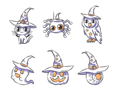 Cadılar Bayramı karakterleri cadı şapkası çizimi giyer. El çizimi ikon. Vektör .