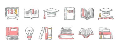 Eğitim ve okul malzemeleri. El çizimi ikon çizgi film illüstrasyon koleksiyonu. Üçte bir. Vektör .