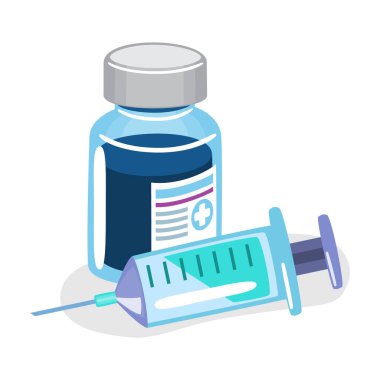 Aşı şişesi ve beyaz izole arka planda şırınga çizimi. Vektör .