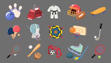 Spor malzemeleri, gri izole arka planda çizgi film çizimleri oluşturdu. Vektör .