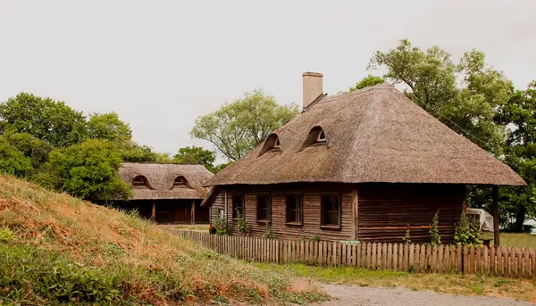 İki Geleneksel Tahta Slav Kulübesi Yazlık Köyde Çitlerin Arkasında Saman Çatı Var