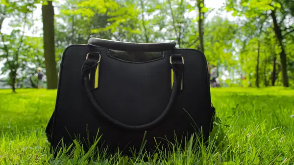 Zarif Siyah Kadın El Çantası Park 'taki Yeşil Çim' e yerleştirildi