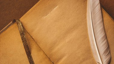 Open Aged Book with Rotten Brown Pages, White Feather, and Ribbon