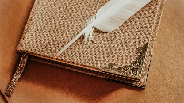 Top View of an Antique Closed Book with Ornate Cover, Gold Metal Corner, and White Feather