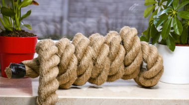 Beyaz Yüzeyde Sarmalanmış Endüstriyel Halat Kırmızı Saksı Denizcilik veya Hayatta Kalma Projeleri İçin