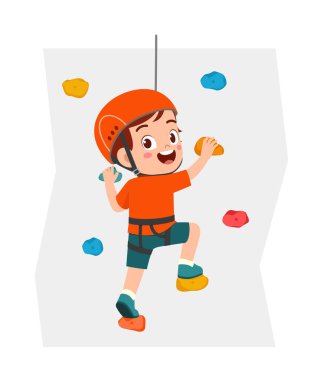 Küçük çocuk, adı duvar tırmanışı olan ekstrem spor yapıyor.