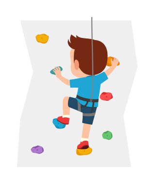 Küçük çocuk, adı duvar tırmanışı olan ekstrem spor yapıyor.