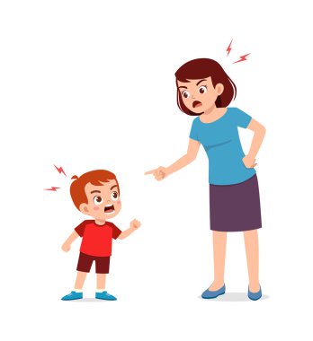 Anne kızgın ve çocuk yüksek sesle bağırıyor.