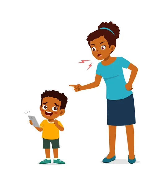 Mutter Wütend Auf Kind Wegen Smartphone Sucht — Stockvektor