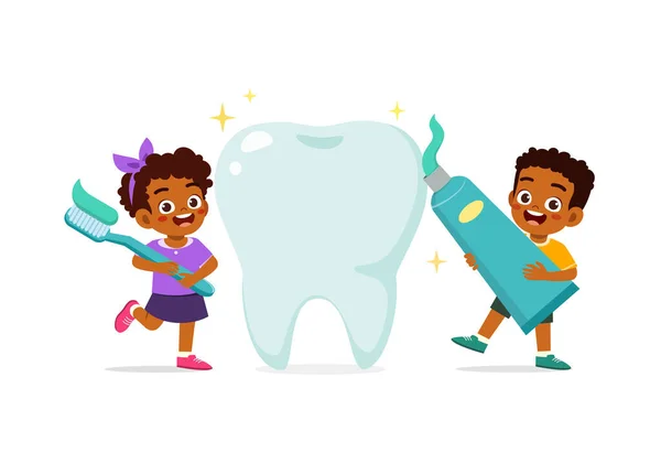 小さな子供と友人が大きな歯を掃除し — ストックベクタ