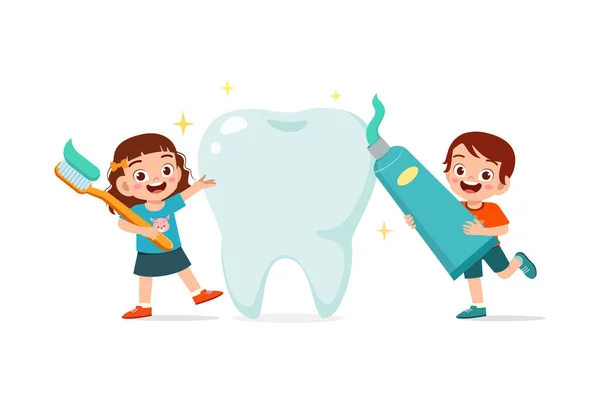 Küçük Çocuk Arkadaşı Büyük Dişleri Temizliyor — Stok Vektör