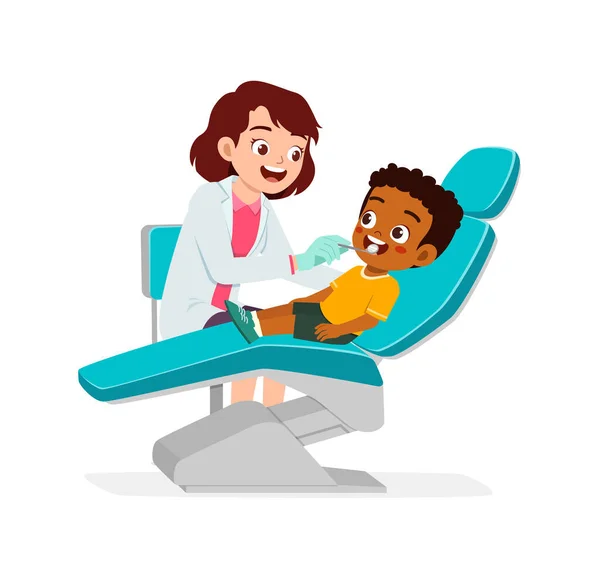 Μικρό Παιδί Πάει Στον Οδοντίατρο Για Τον Καθαρισμό Των Δοντιών — Διανυσματικό Αρχείο