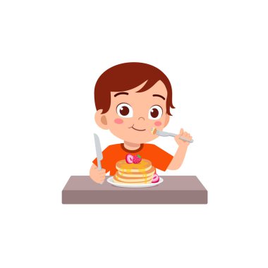 Küçük çocuk krep yer ve mutlu olur.