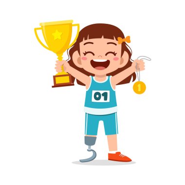 Protez madalyası ve kupası olan küçük bir çocuk.