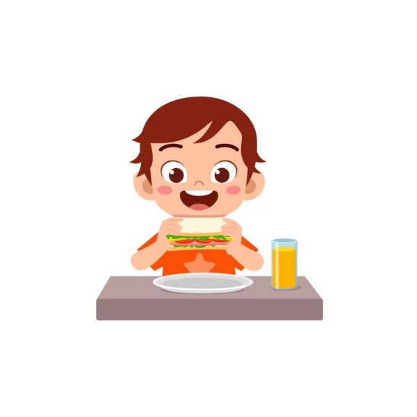 Liten Unge Äter Smörgås Och Känner Sig Lycklig — Stock vektor